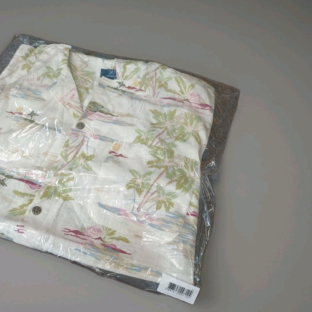 George Men’s 2XL Camp Shirt Cream Beach Scenic Palm Tree Tropical Short Sleeve